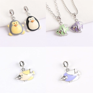 Pendentif Pingouin Poisson Tropical Océan Argent Sterling 925 Émail Animal Charme Bijoux Pour Femmes
