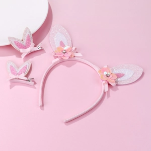 Serre-tête et pinces oreilles de lapin à paillettes roses avec détails de fleurs