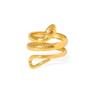 Polished golden stainless steel snake ring with scale details on a clean white background