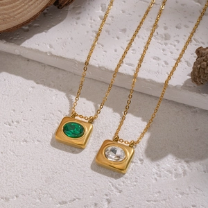 French vintage 18K gold plated necklace with oval emerald and white zircon pendant