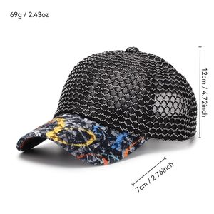 Breathable black mesh baseball cap with graffiti brim and wavy stitch details