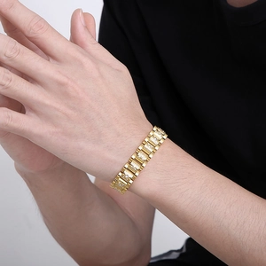 Close-up of hip hop gold watch band bracelet with CNC micro-pave cubic zirconia