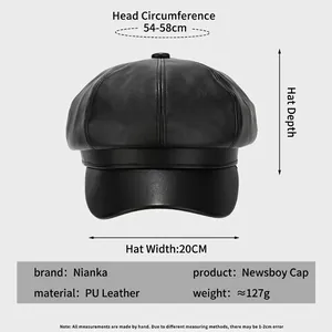Women's black PU leather newsboy cap with size specifications for autumn and winter fashion