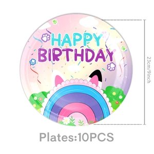 Detailed size chart for 9-inch rainbow birthday party paper plates, pack of 10