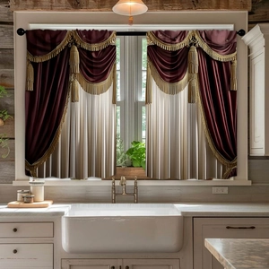 Detail of red and gold kitchen curtain set with tassels and elegant 3D digital printing