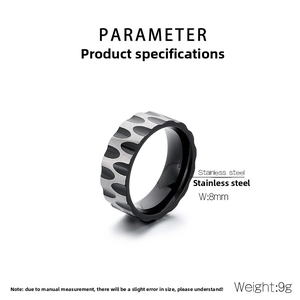 Detail showing 8mm stainless steel ring with brushed silver texture and black interior