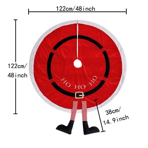 Red Santa Claus tree skirt with belt buckle, HO HO HO text, and striped hanging legs