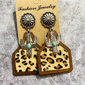 Detail of western leopard print wood earrings with silver cactus and turquoise stone accents