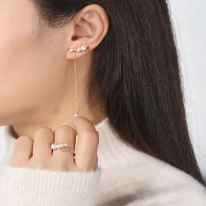 Elegant S925 silver ring and ear cuff set with natural freshwater pearl and zircon stones