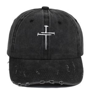 Vintage washed charcoal baseball cap with cross embroidery and distressed brim details