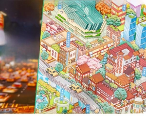 Macro detail of 3D miniature Chongqing city landmark stickers for scrapbooking
