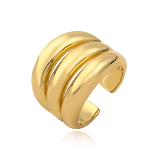 Close-up of triple-layered golden open ring with polished mirror finish and minimal design