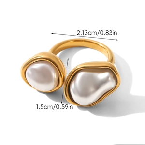 Detail showing dimensions of gold irregular ring with dual white baroque pearls