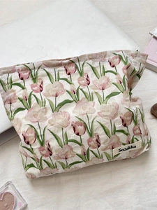 Trousse à maquillage en toile à motif tulipes roses avec grande capacité et jacquard