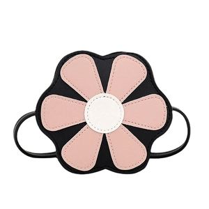 Cute floral mini crossbody bag for girls in black and pink leather with white center