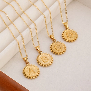 Women 18K Gold Plated Stainless Steel Initial Letter Pendant Necklace Round Coin Hammered Texture Trendy Clavicle Chain