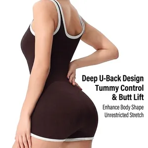 Brown ribbed yoga romper with deep U-back and white contrast trim showing back-view