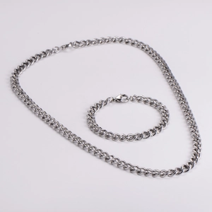 Classic silver 8mm wide Cuban link chain necklace and bracelet set for men