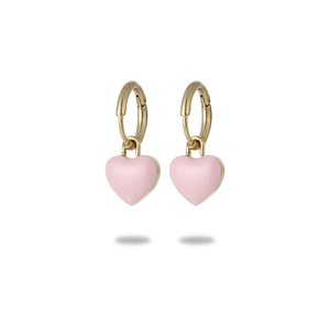 Chic gold hoop earrings with pink enamel heart charms on a clean white background