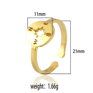 Detail of adjustable gold peace sign ring showing 11mm face diameter and 1.66g weight