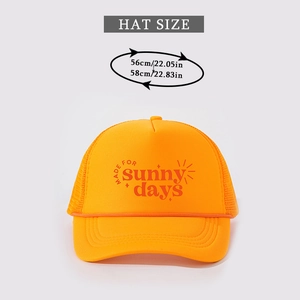 Detailed view of sunny days trucker hat showing head circumference size 56cm to 58cm