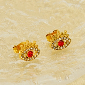 Gold plated evil eye stud earrings with red stone and crown cubic zirconia detail