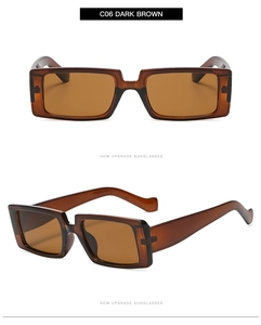 Detail view of vintage dark brown rectangular sunglasses with wide temples and tinted lenses