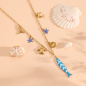 Golden titanium steel ocean necklace with dolphin starfish and blue enamel pendants