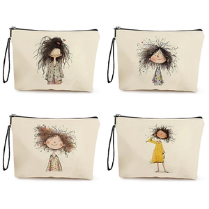 Trousse De Toilette En Lin Fin Pochette De Maquillage Avec Fermeture Éclair Et Dragonne Illustration Fille Dessin Animé Femmes