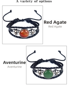 Détails de bracelets en cuir tressé avec pierres naturelles en agate rouge et aventurine