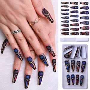 Detailed set of 24 long coffin press-on nails featuring colorful snakeskin pattern prints
