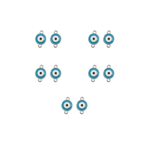 Set of 10 silver metal evil eye connectors with blue enamel for DIY jewelry making