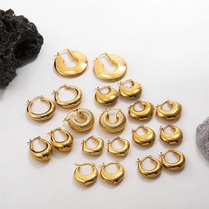 Detailed close-up of chunky hollow 18K gold-plated stainless steel hoop earrings in various styles