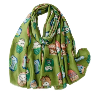Green cotton-linen feel scarf with colorful cartoon owl patterns for women's winter warmth