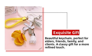 Detailed macro view of yellow fabric flower keychain with tassel and silver leaf pendant