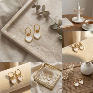 Detailed close-up of double-sided heart earrings with gold beads and white enamel finish