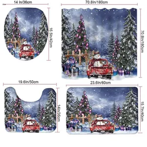 Size chart showing 4-piece Christmas bathroom set dimensions in inches and centimeters