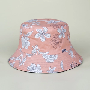 Pink floral cotton bucket hat with hand-painted peony patterns and quilted sun brim