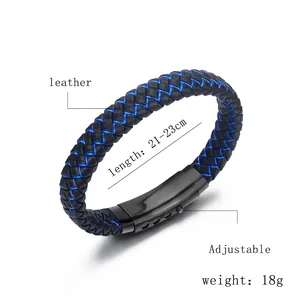 Men's braided leather bracelet with adjustable magnetic buckle and blue accents