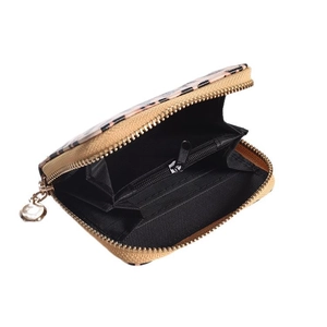 Short leopard print zipper wallet for women with multi-card slots on white background