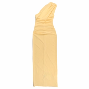 Detailed close-up of yellow one-shoulder ruched maxi dress with waist pleating design