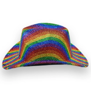 Regenbogen-Pailletten Cowboyhut für Festival-Partys mit bunten Streifen und breiter Krempe