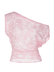 Top rosa de encaje de un hombro para mujer con diseño floral y corte ajustado en blanco