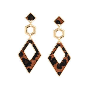 Vintage leopard print geometric drop earrings with gold frames on a clean white background