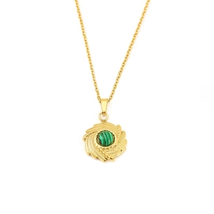 Golden stainless steel lotus necklace with sunburst sun pattern and green stone inlay