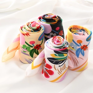 Floral print satin silk square scarves set in cream, black, white, and pink rose folding