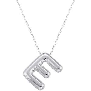 Detailed close-up of a silver puffy balloon letter E pendant with a sturdy box chain