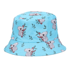 Detail of light blue bucket hat featuring cute koala prints and premium stitching