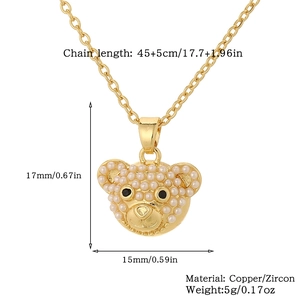 Detailed size guide of gold teddy bear pendant necklace with dimensions and material info