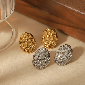 Irregular Oval Hammered Texture Stud Earrings 304 Stainless Steel 18K Gold Plated Minimalist French Style For Women